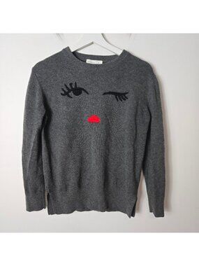 Kate Spade Broome Street Size M Gray Winking Face Wool Blend Crew Neck Sweater